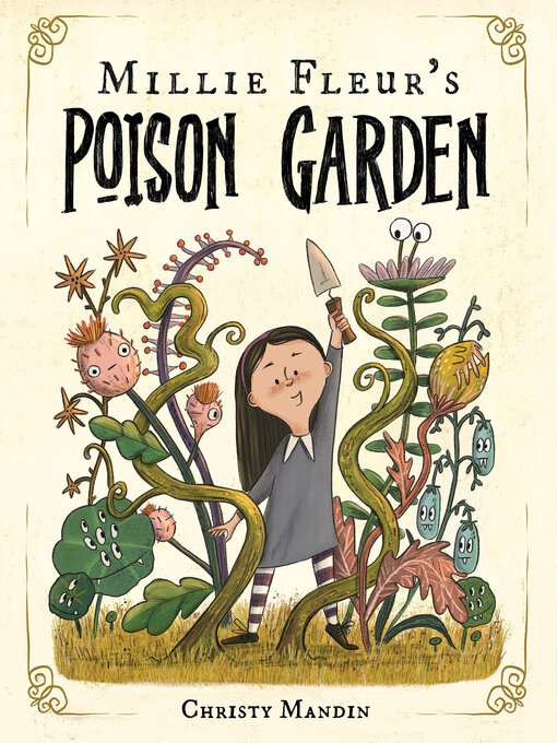 A girl with a spade stands in the middle of a patch of strange, dark colored plants with eyes. The title 